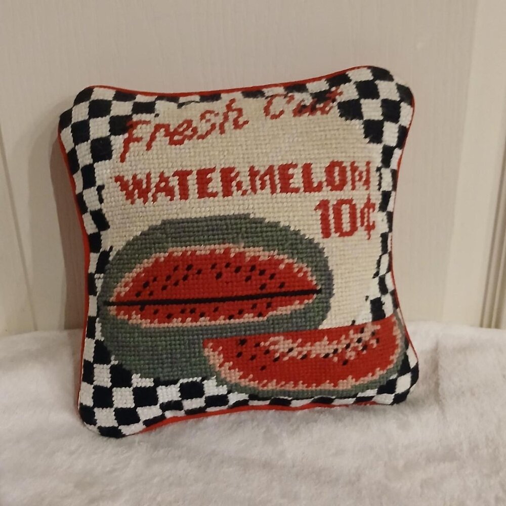 Vintage NWT checkered fresh cut watermelon 10 cents needlepoint pillow